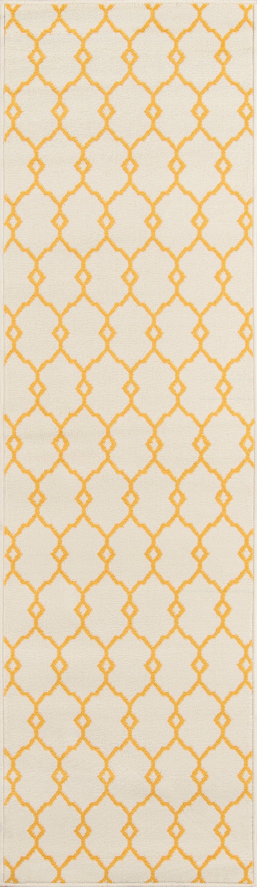 Yellow lattice trellis pattern on white background, a repeating geometric print.