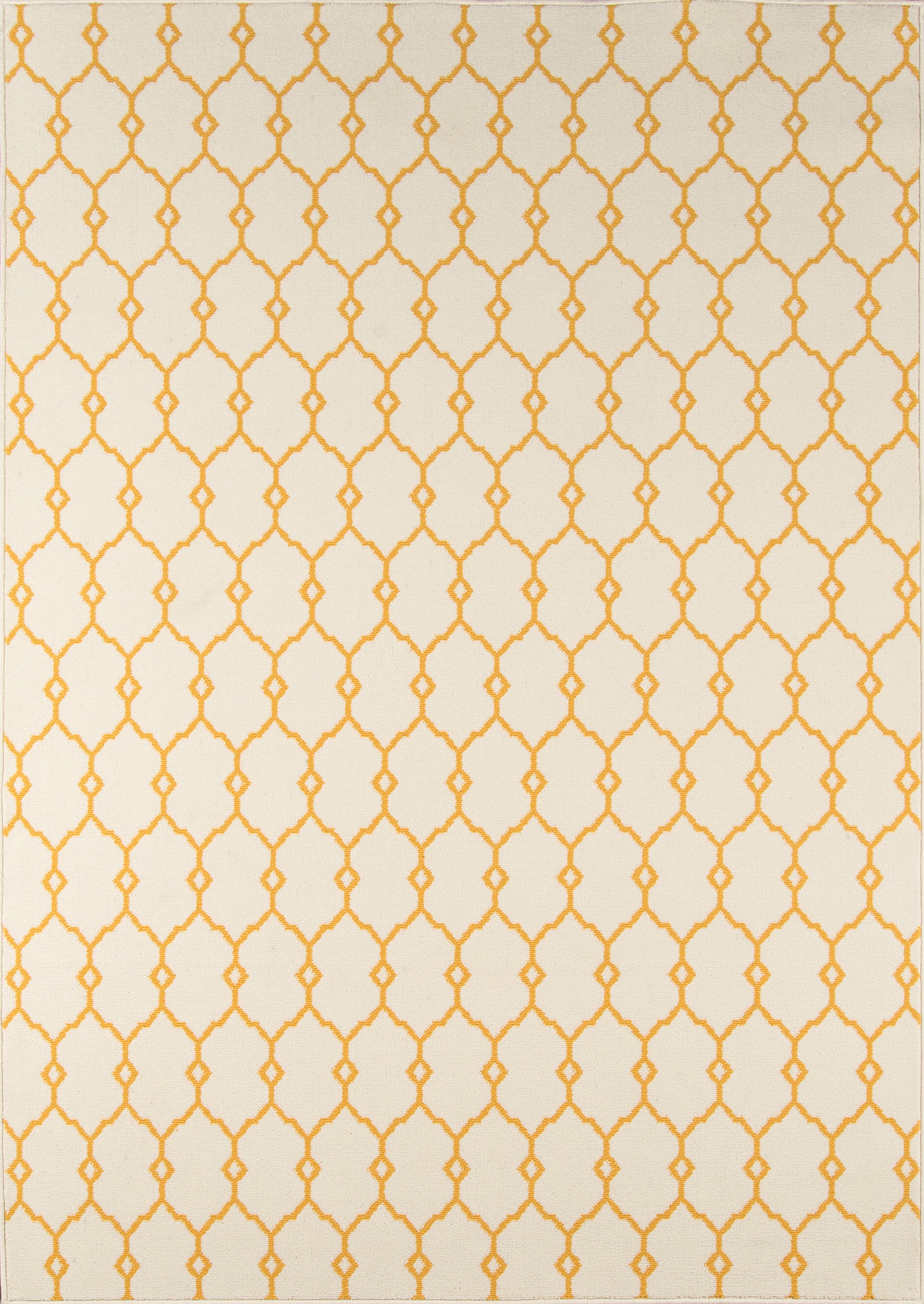 Cream area rug with mustard-yellow interlocking geometric trellis pattern; modern Moroccan-inspired design for living rooms.