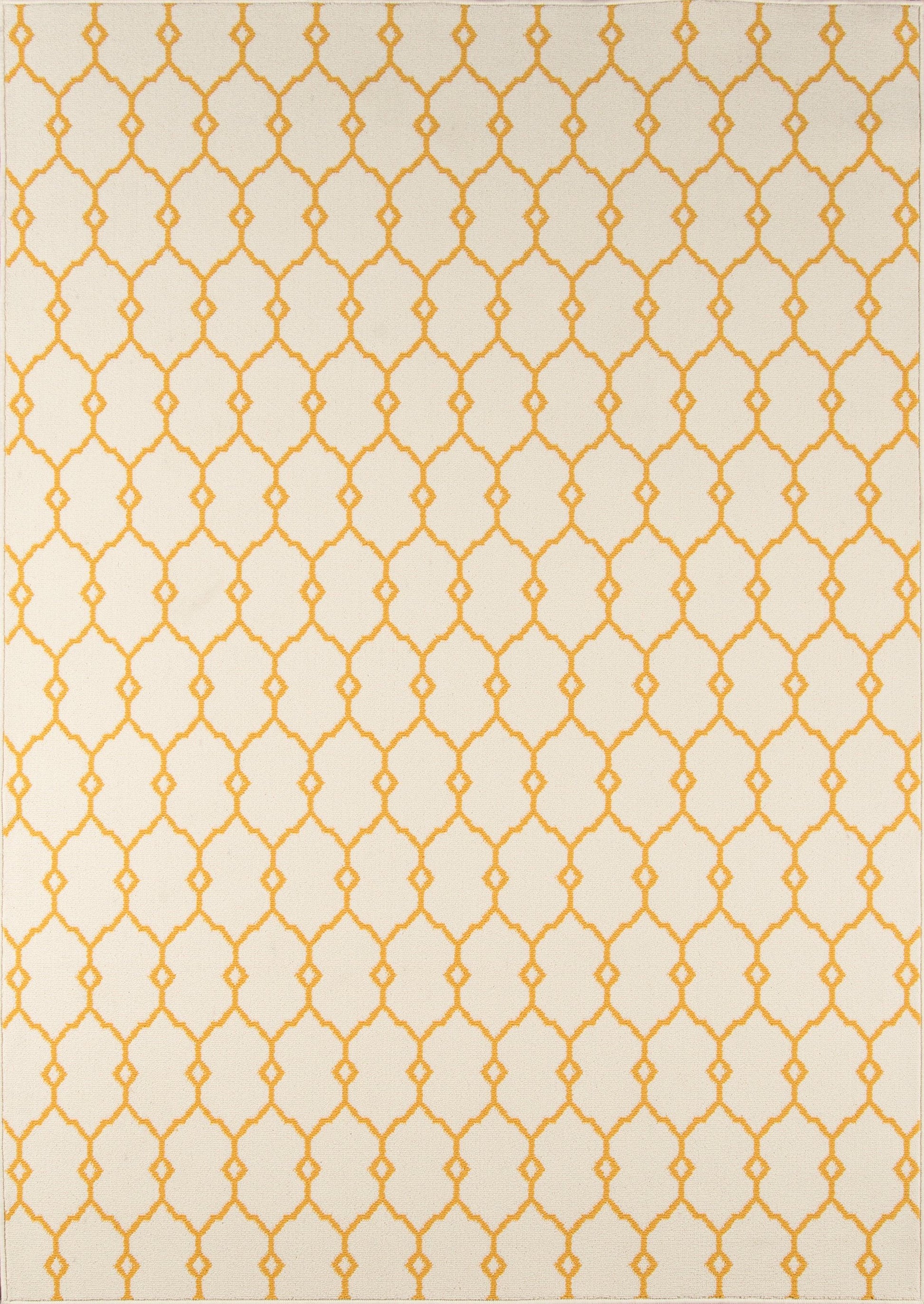 Rectangular rug with orange lattice trellis pattern on cream background; modern geometric style for living room.