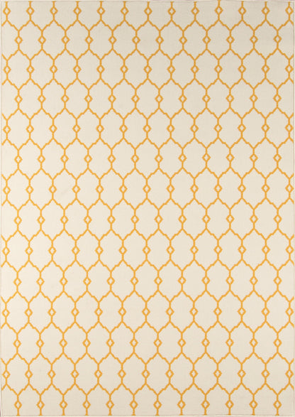 Rectangular rug with orange lattice trellis pattern on cream background; modern geometric style for living room.