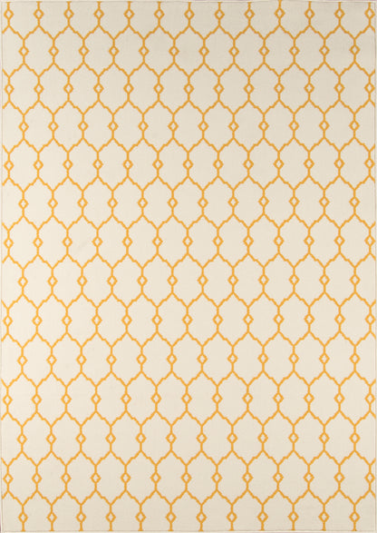 Beige rug with a yellow trellis lattice pattern and geometric quatrefoil motifs; 8' x 11' rug for modern warm-toned decor.