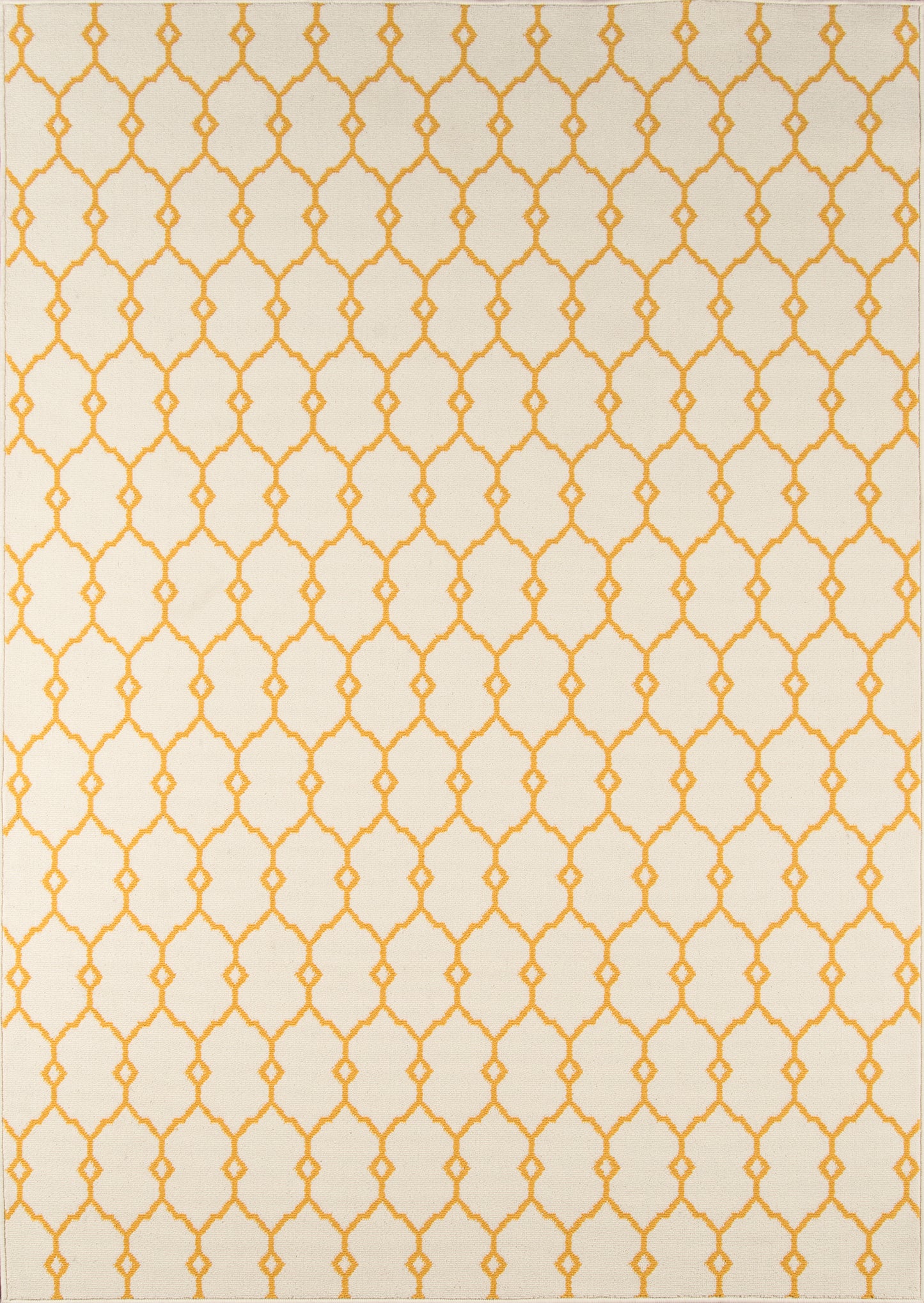 Cream rug with a bright yellow lattice pattern and diamond motifs; modern geometric woven design.