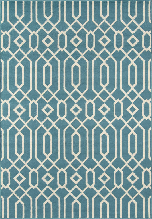 Rectangular teal blue rug with white geometric lattice pattern; modern decorative area rug.