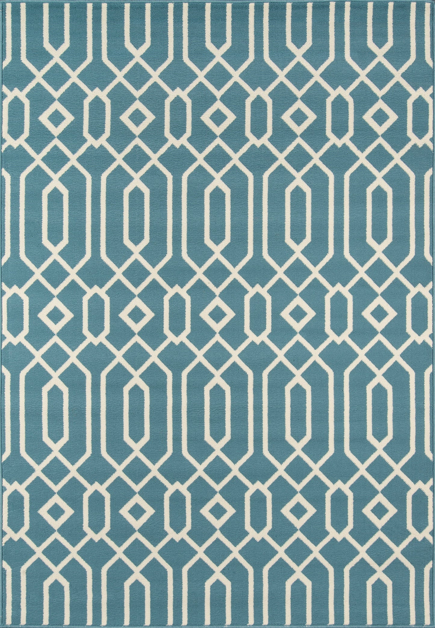 Teal-blue rug with a white interlocking-diamond geometric lattice; contemporary, decorative floor cover.