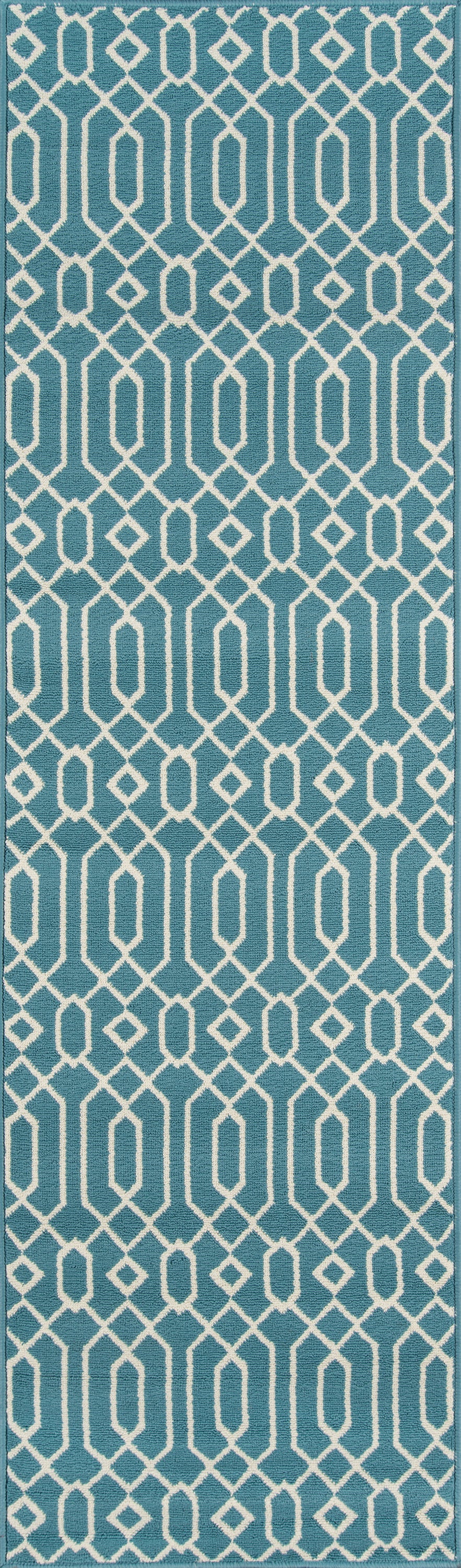 Teal rug with a white geometric lattice of interlocking elongated octagon shapes in a vertical repeat.