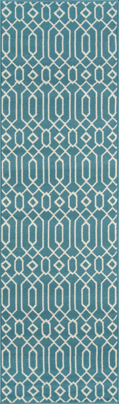 Teal rug with a white geometric interlocking lattice pattern.