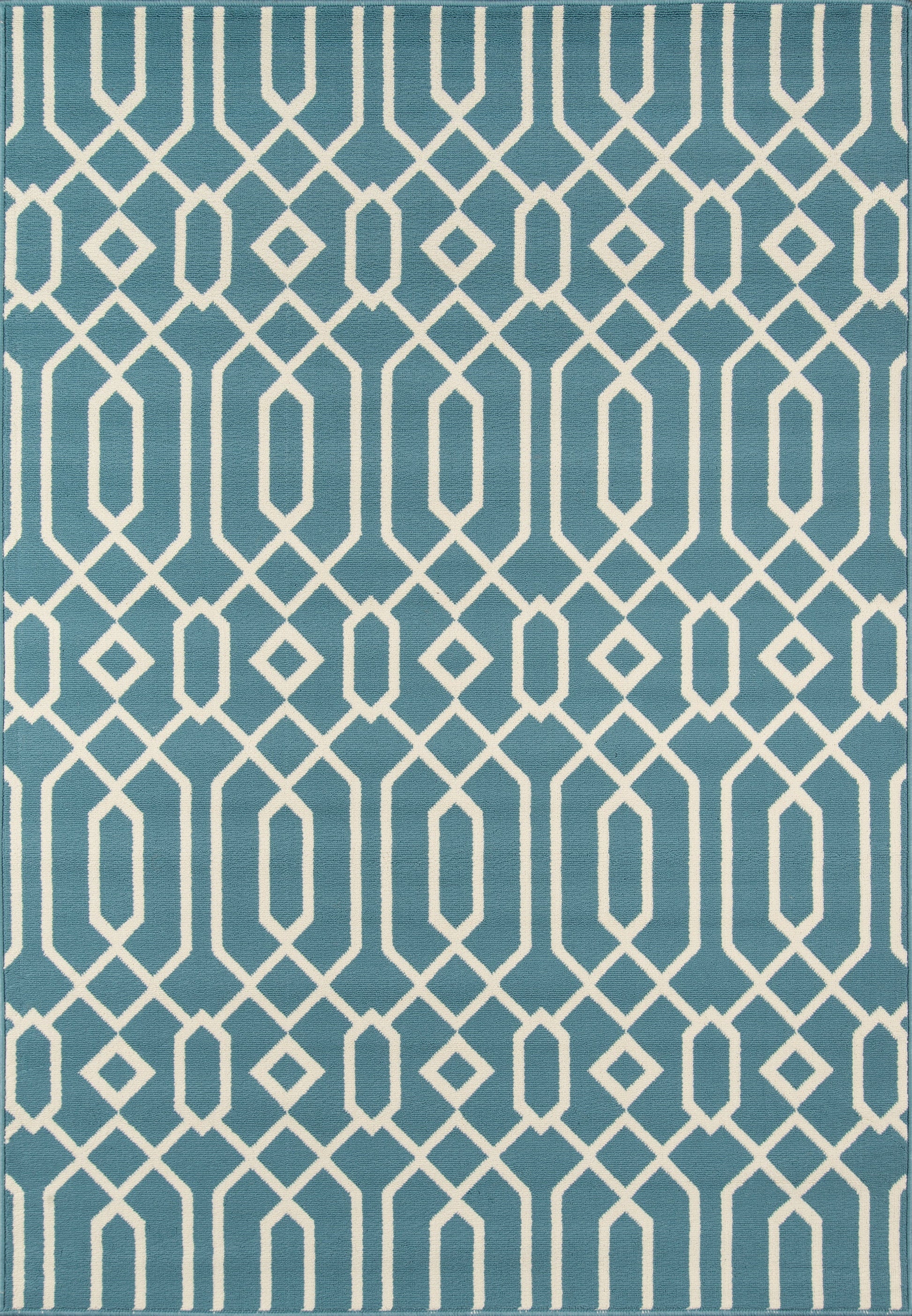 Teal blue rug with white interlocking geometric lattice pattern, modern decorative style.