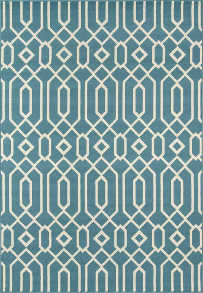 Teal blue rug with white interlocking geometric lattice pattern, modern decorative style.