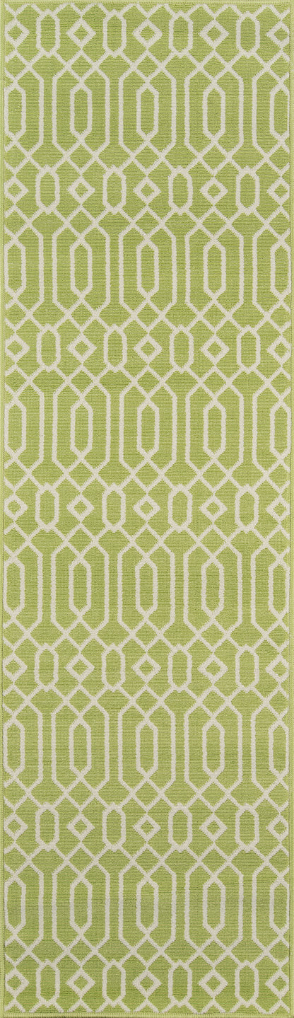 Olive-green rug with a white linked octagon lattice pattern; vertical repeating geometric motif.