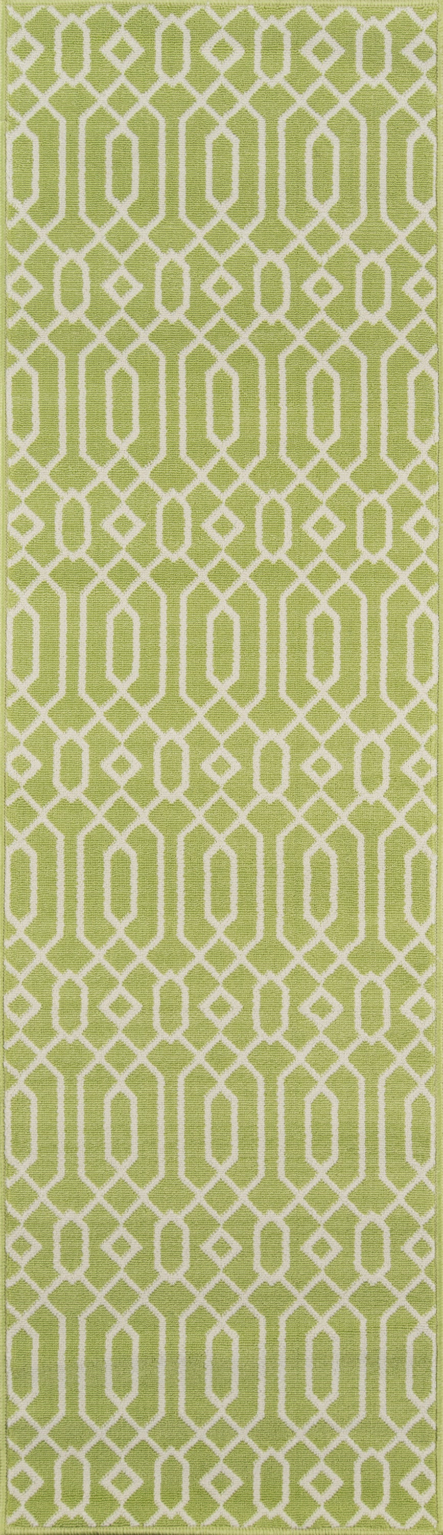 Olive-green rug with a white geometric lattice of connected hexagon motifs; modern, repeating pattern.