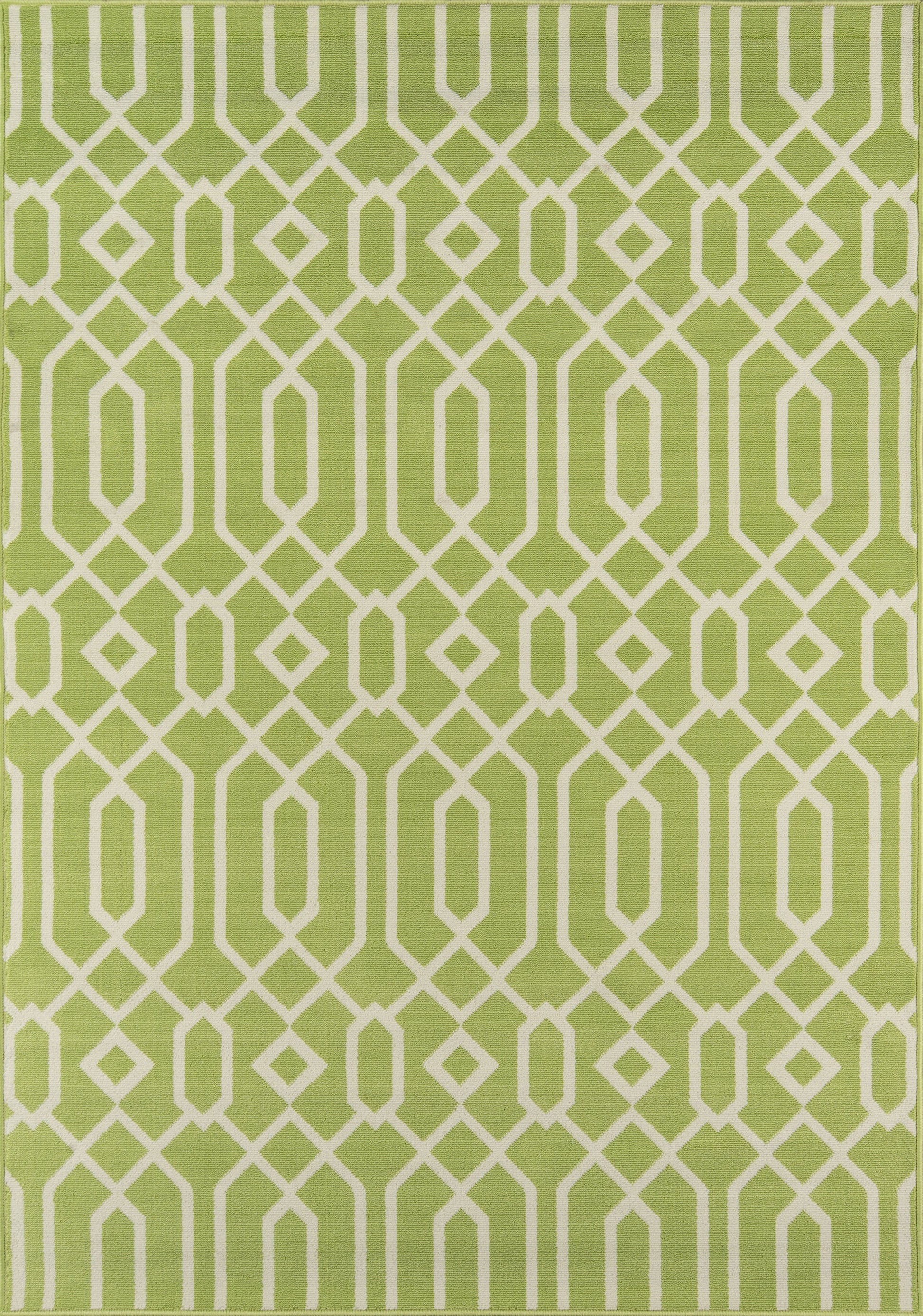 Lime green rug with white geometric lattice pattern of interlocking diamonds.