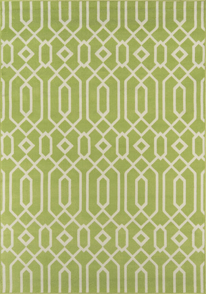 Lime green rug with white geometric lattice pattern of interlocking diamonds.