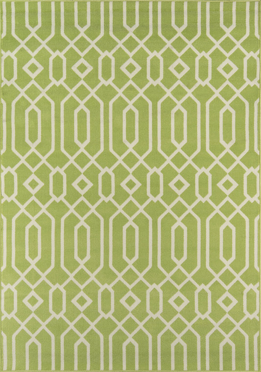 Lime green rug with white interlocking diamond lattice pattern; modern geometric floor decor.