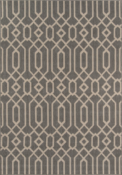 Gray rug with cream interlocking diamond lattice pattern; woven geometric, modern style.