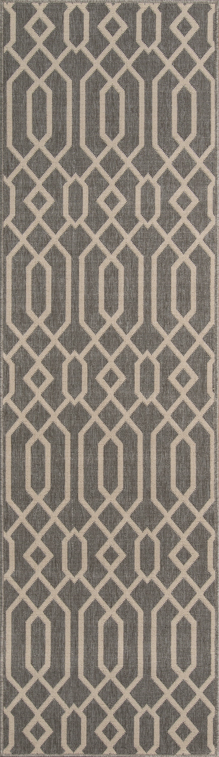 Grey runner rug with beige interlocking diamond lattice pattern for contemporary floor decor.