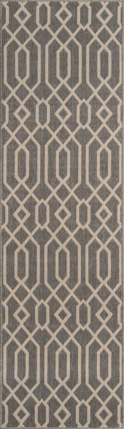 Grey runner rug with beige interlocking diamond lattice pattern for contemporary floor decor.