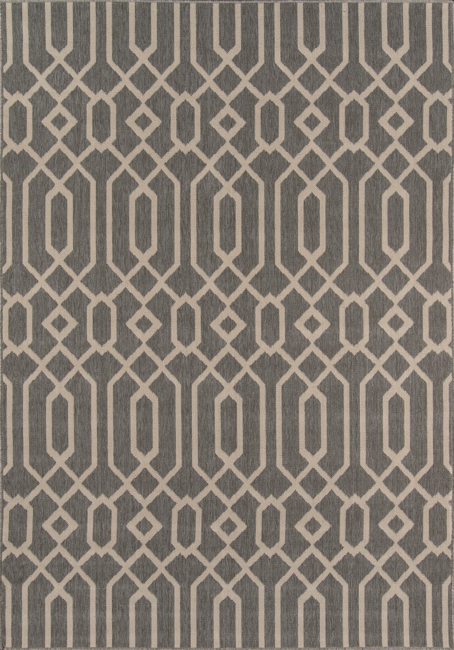 Gray rug with cream interlocking geometric lattice of diamonds and elongated shapes.