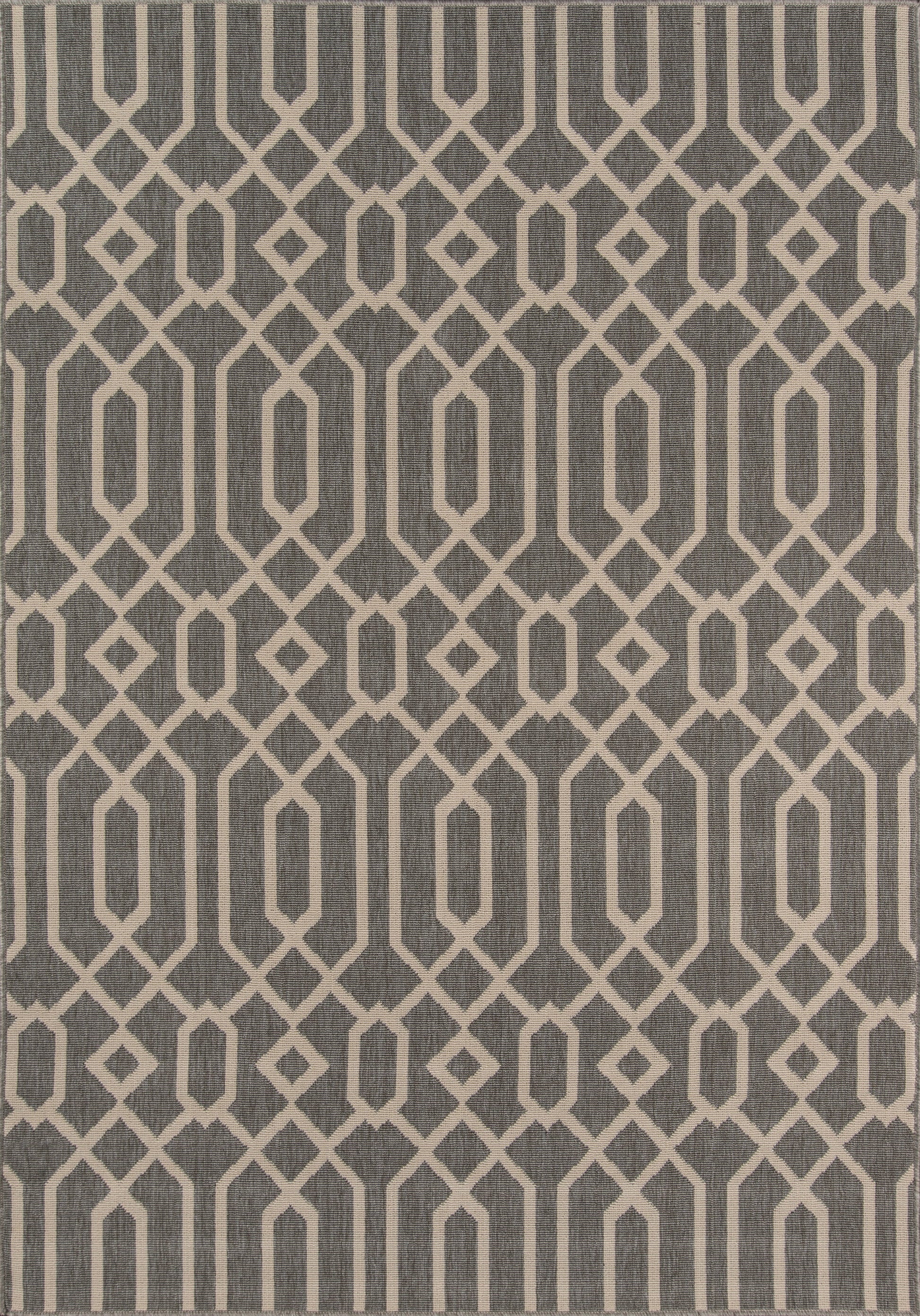 Gray rug with cream interlocking geometric lattice of diamonds and elongated shapes.