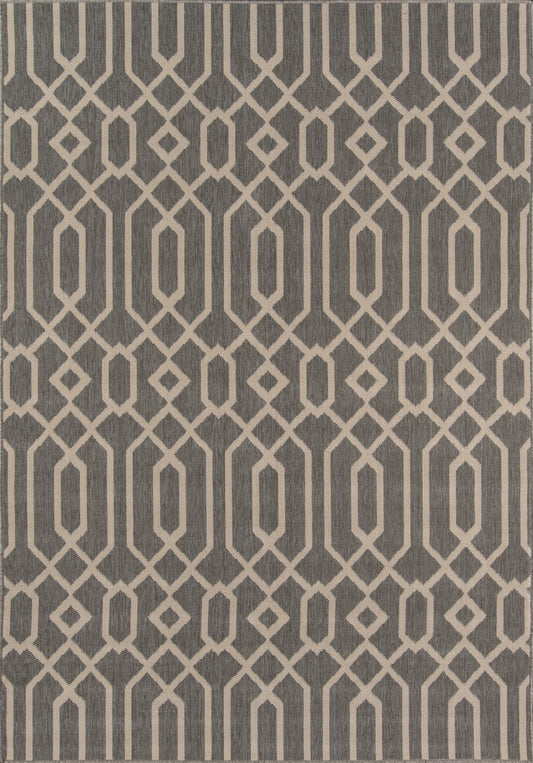 Gray woven area rug with cream interlocking diamond lattice geometric pattern; 5' x 8' size; modern, versatile home decor.