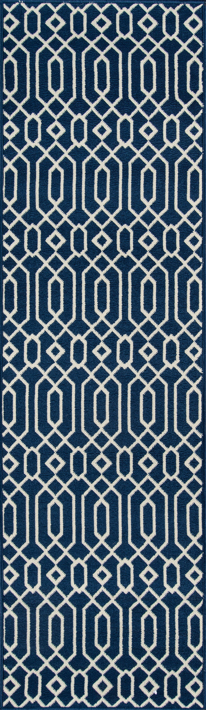 Navy fabric with white interlocking chain-link geometric lattice; modern decorative textile.