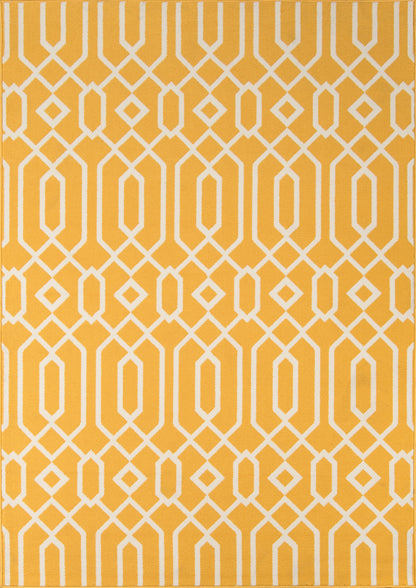 Golden yellow rug with white interlocking geometric lattice pattern, modern Moroccan-inspired design