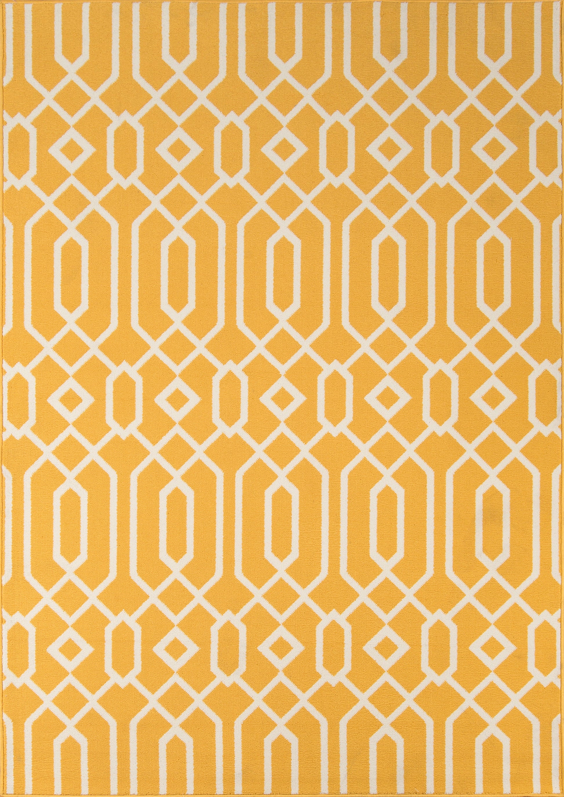 Mustard-yellow rug with a white geometric lattice of interlocking diamonds and rectangles.