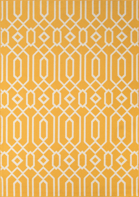 Mustard yellow rug with white geometric lattice pattern of interlocking diamonds and hex shapes.