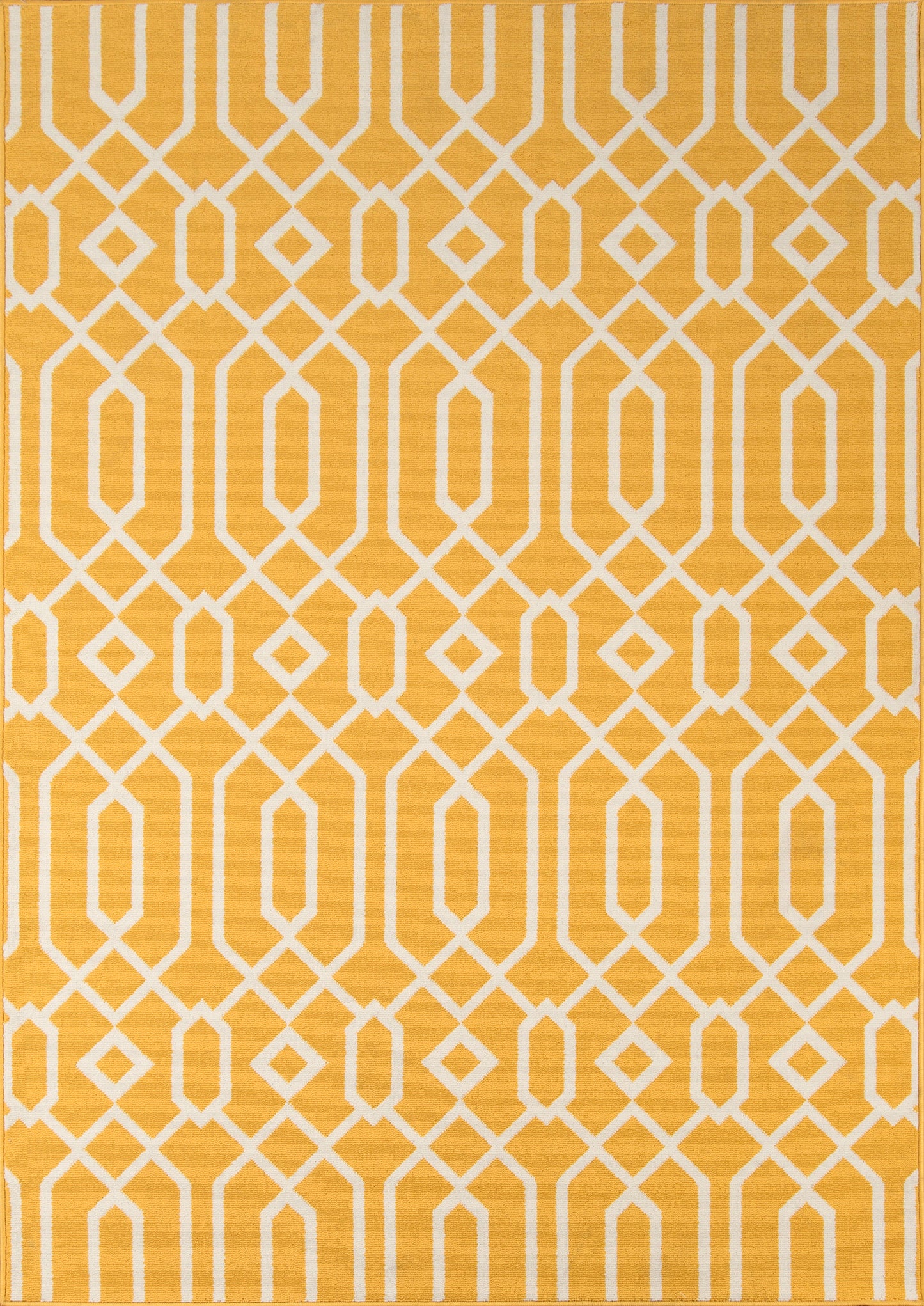 Mustard yellow rug with white interlocking geometric lattice pattern; modern decorative accent.