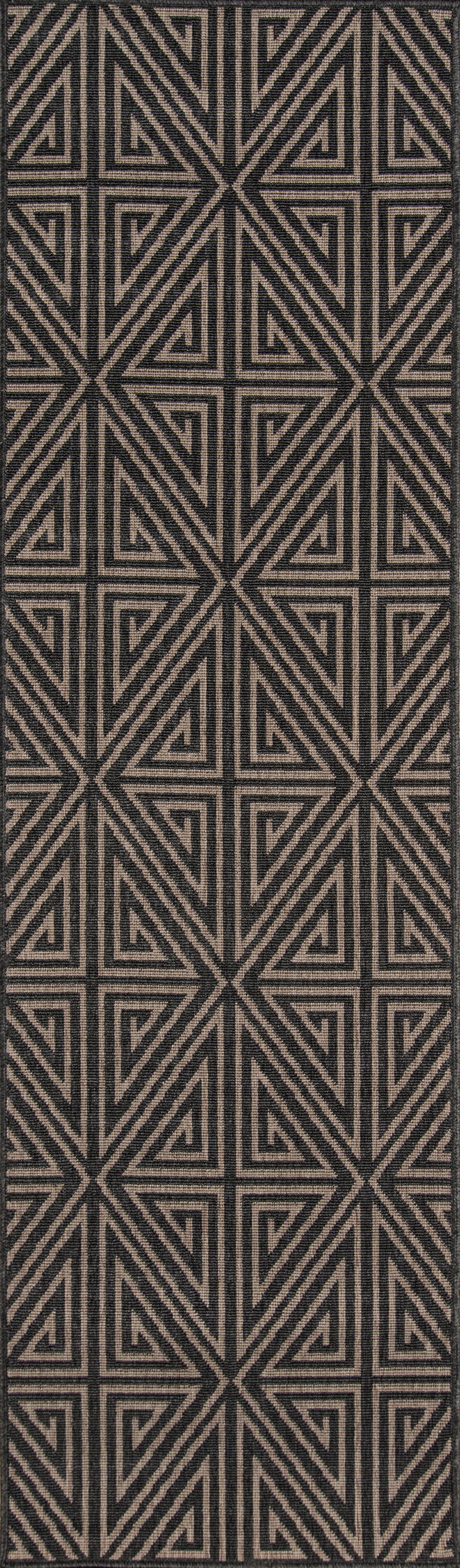 Geometric tan-on-dark woven rug pattern with interlocking triangles and squares; tribal-inspired rug.