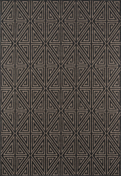 Charcoal rug with tan geometric interlocking triangles forming a diamond grid pattern.