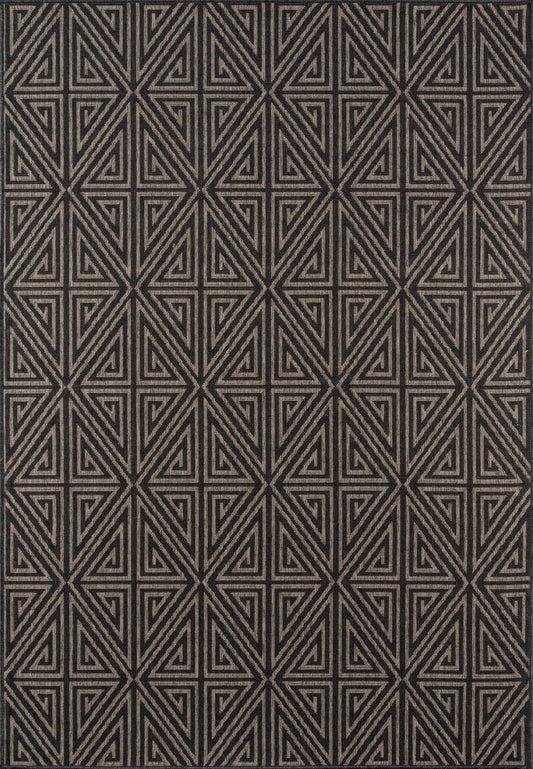 Charcoal rug with tan geometric interlocking triangles forming a diamond grid pattern.