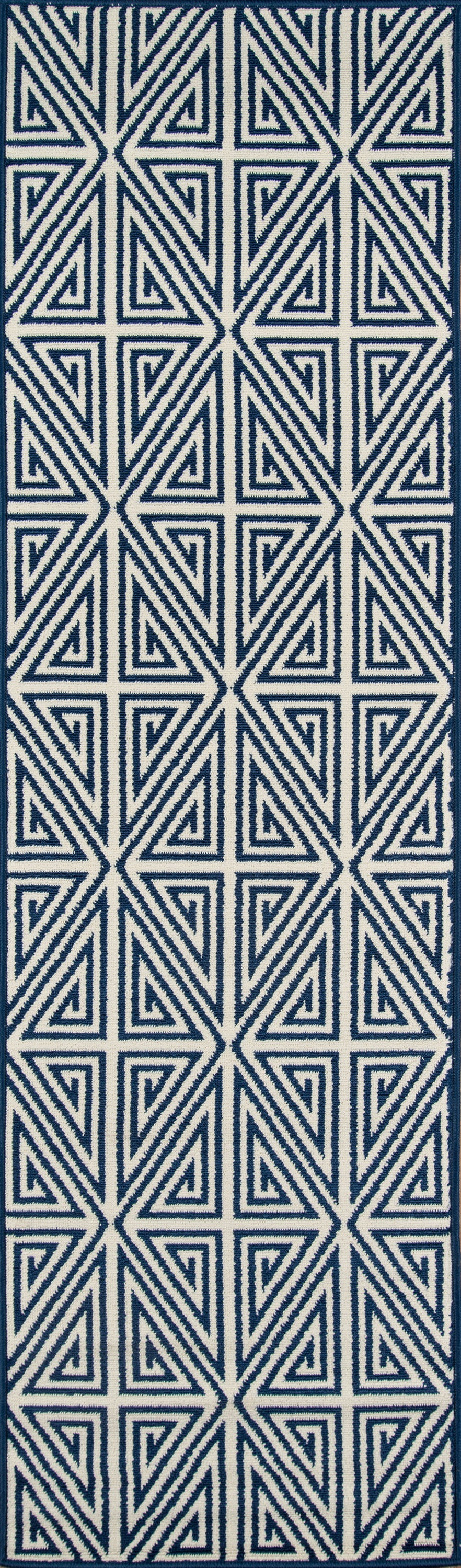 Navy and ivory geometric rug pattern with interlocking triangles and square motifs.
