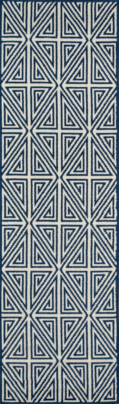 Navy and ivory geometric rug pattern with interlocking triangles and square motifs.