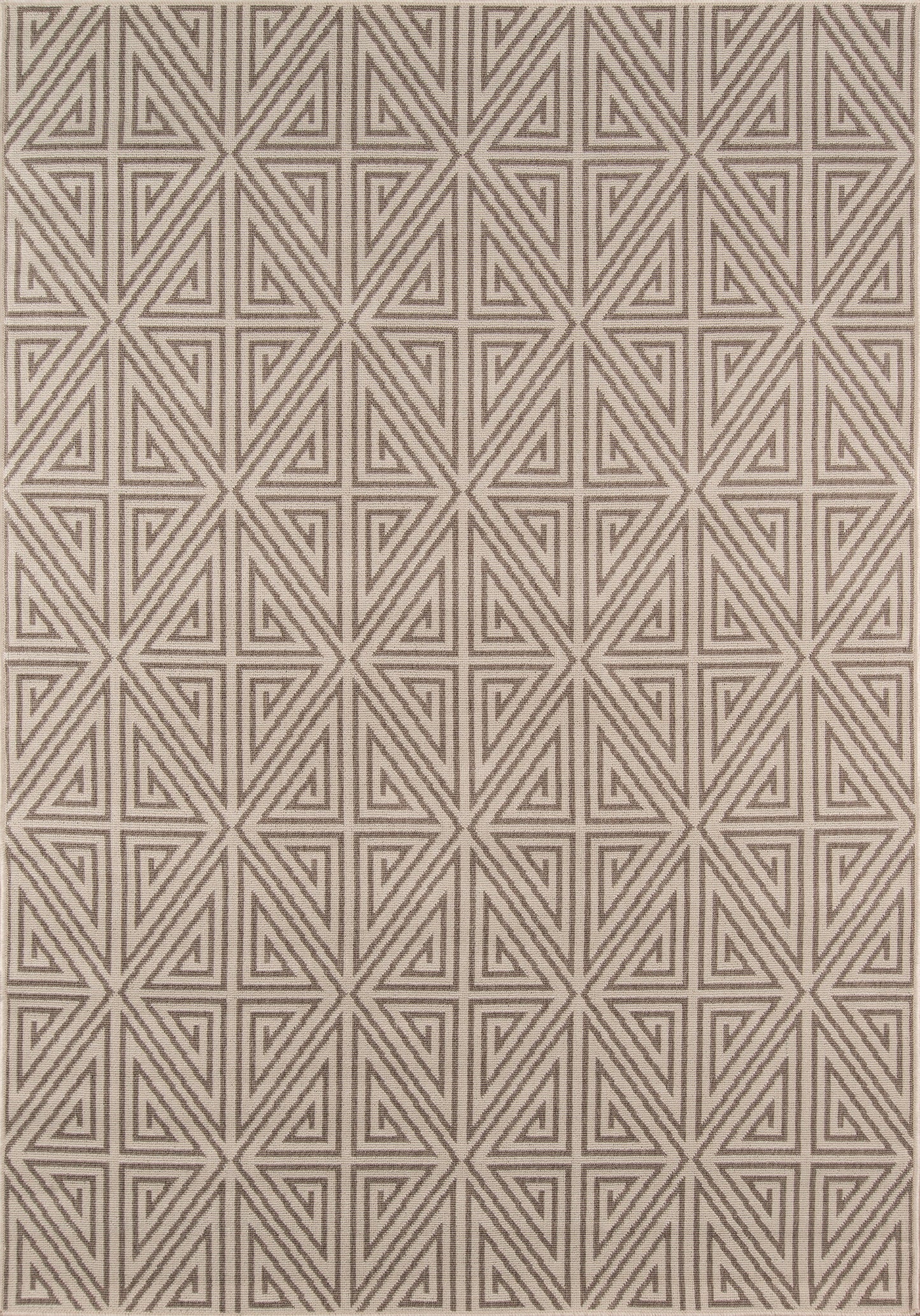 Taupe and beige geometric rug with interlocking triangular motifs in a repeating pattern; rectangular, modern tribal design.