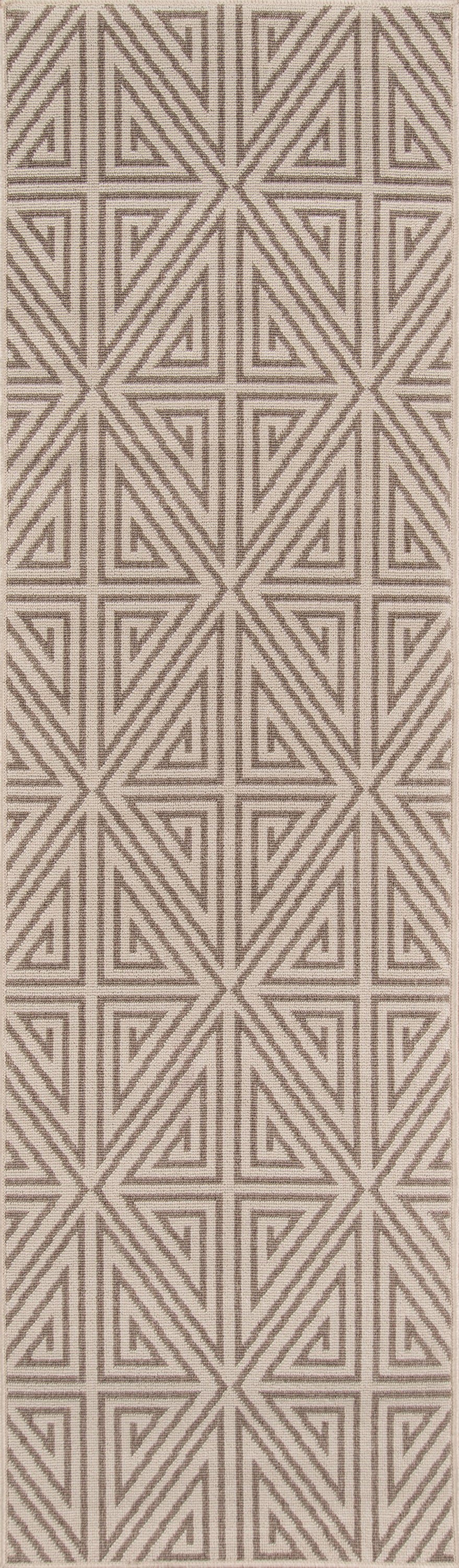 Beige rug with taupe interlocking triangles & diamond motifs; modern tribal geometric pattern, rectangular.