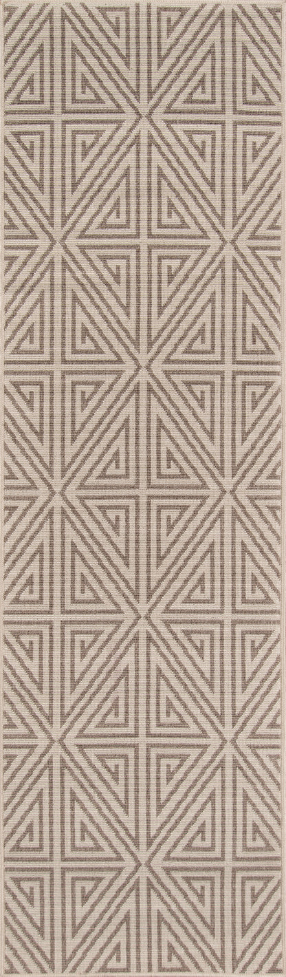 Beige rug with taupe interlocking triangles & diamond motifs; modern tribal geometric pattern, rectangular.