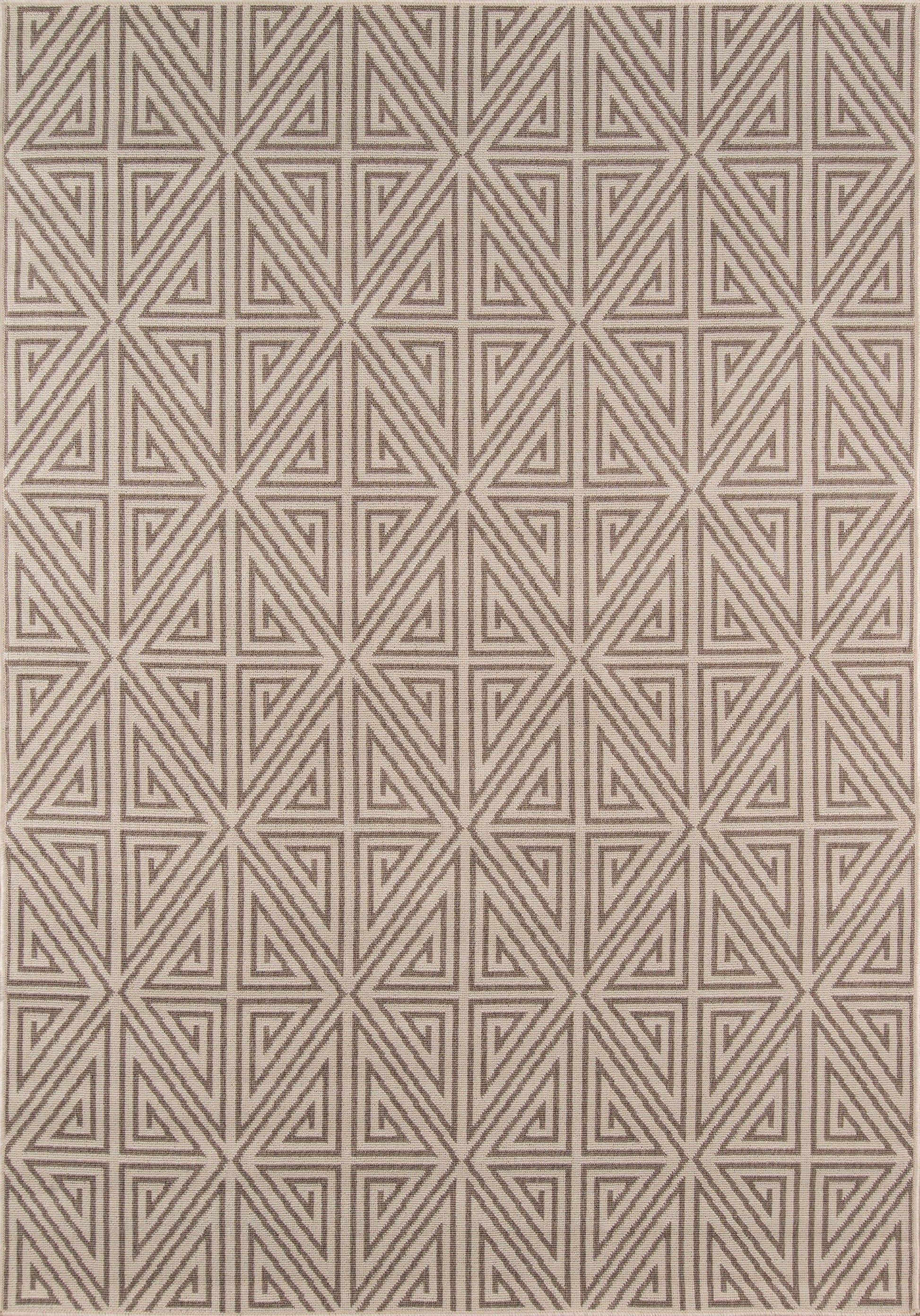 Taupe and beige geometric triangle-pattern area rug; woven texture, modern tribal style for living room or bedroom.