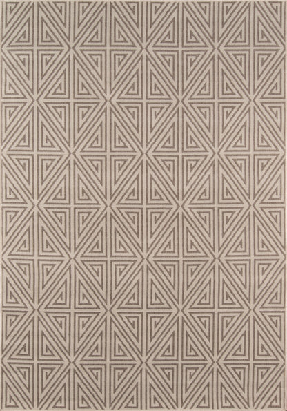 Taupe and beige geometric rug featuring interlocking triangles and diamond star motifs in a repeating pattern.