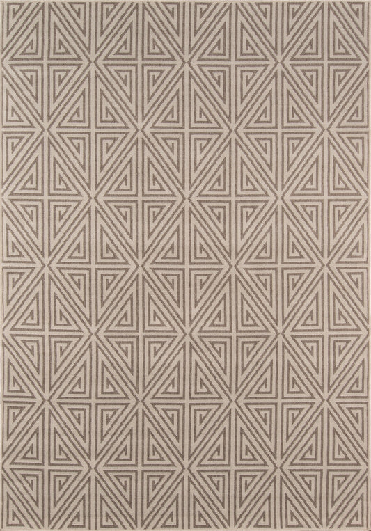 Taupe and beige geometric rug featuring interlocking triangles and diamond star motifs in a repeating pattern.