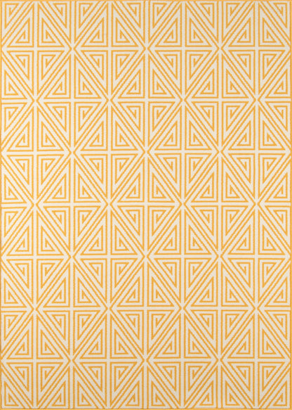 Pale yellow rug with a tessellated orange geometric triangle pattern forming a diamond grid.
