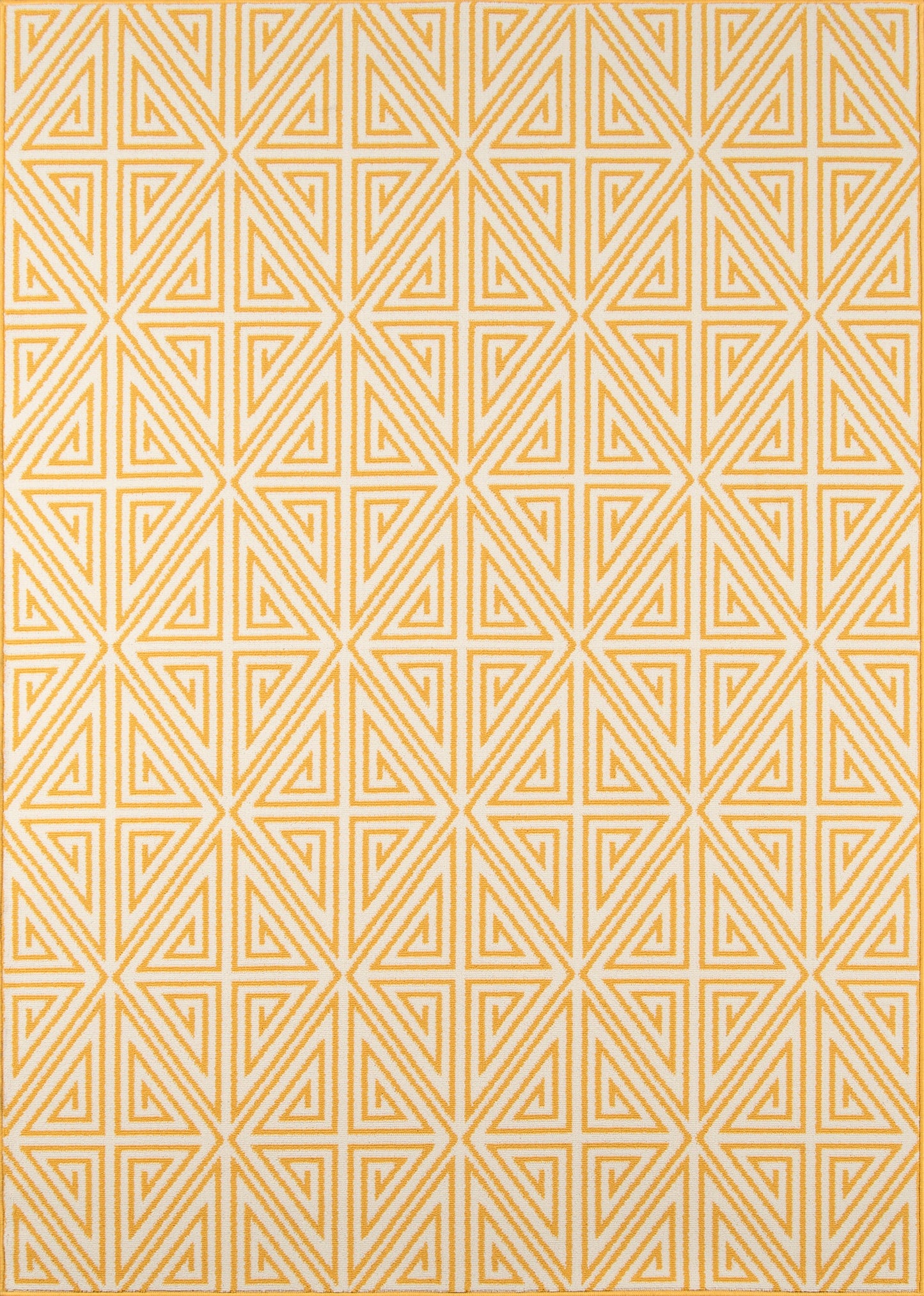 Orange-yellow geometric triangular lattice on cream; repeating star-like diamond tile pattern.