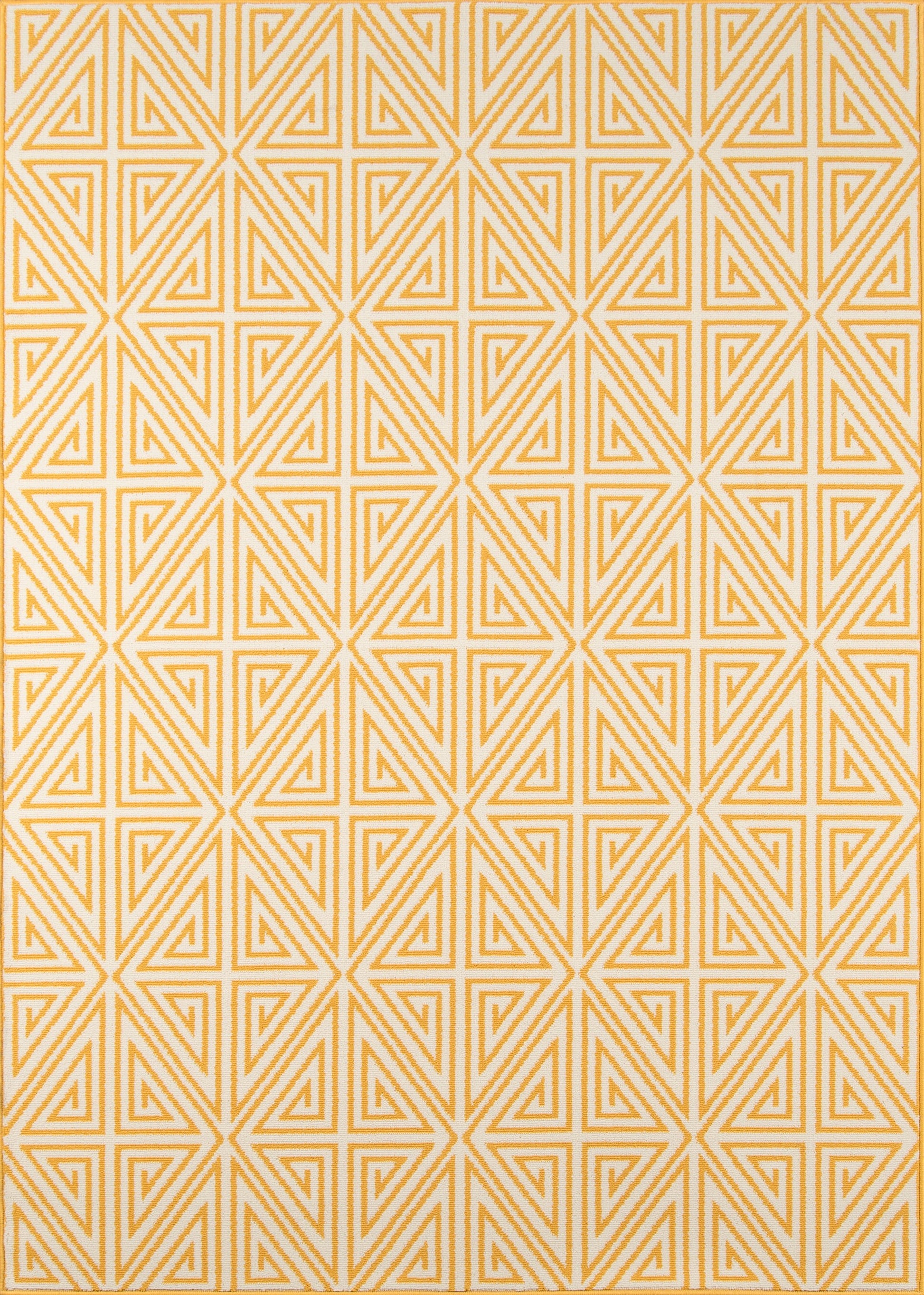 Orange-yellow geometric triangular lattice on cream; repeating star-like diamond tile pattern.