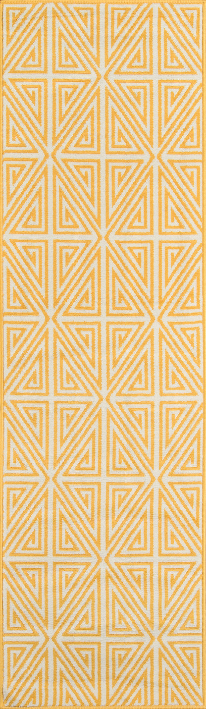 Yellow and cream woven rug with bold geometric maze triangles; 5' x 8' area rug.