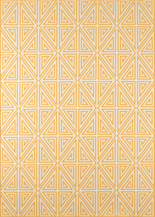Beige background with orange interlocking triangular geometric pattern and star-like motifs on an area rug.