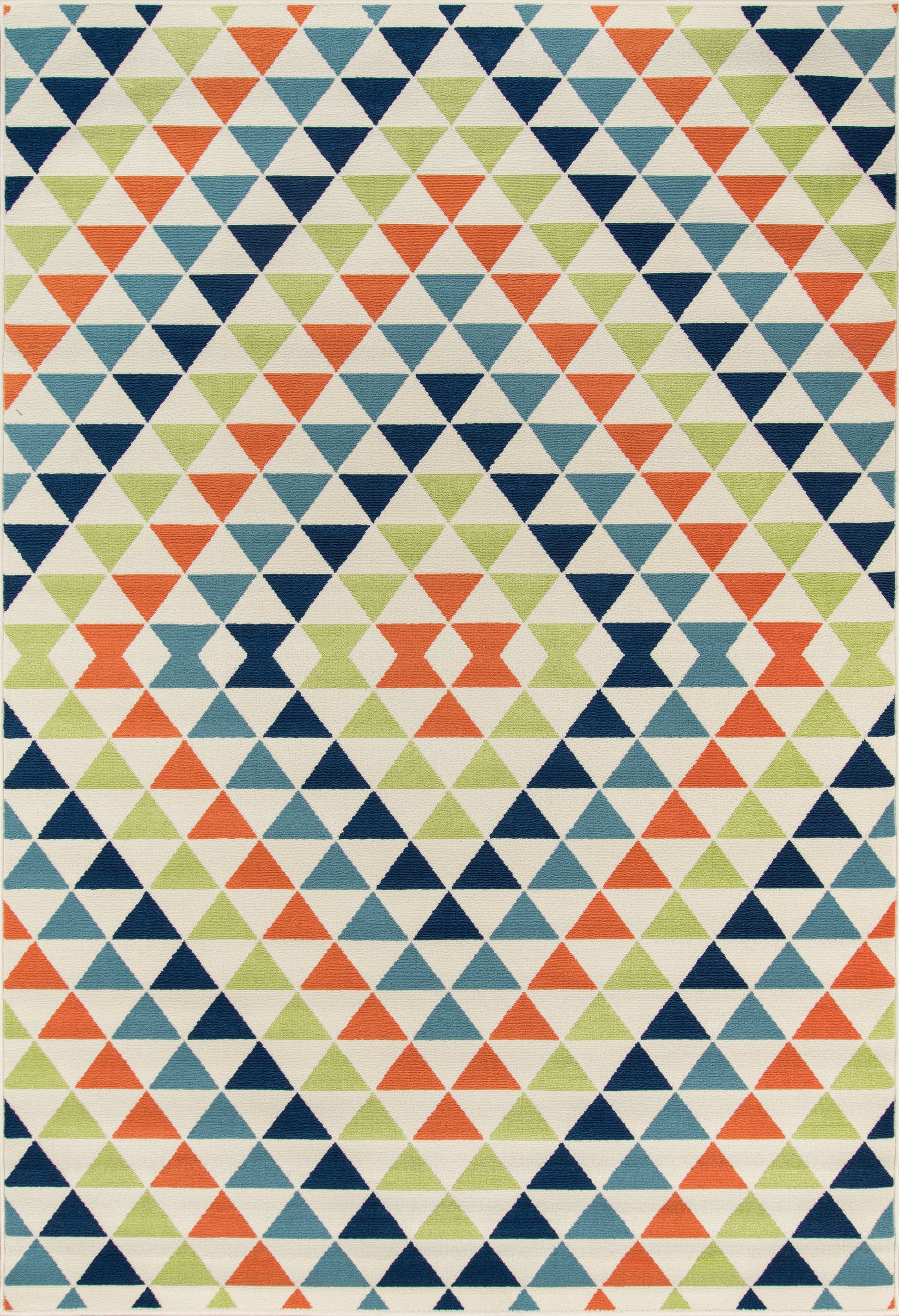 Geometric triangle-patterned rug with orange, navy, light blue, and lime green triangles on cream background