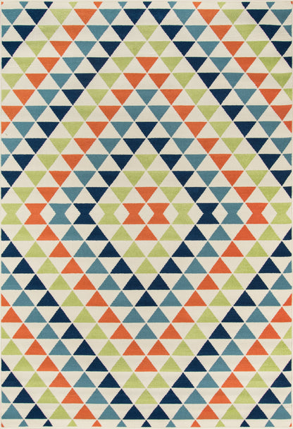 Modern geometric rug with small multicolor triangles in orange, navy, lime green and blue on cream, diagonal diamond pattern.