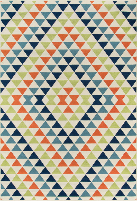 Modern geometric rug with small multicolor triangles in orange, navy, lime green and blue on cream, diagonal diamond pattern.