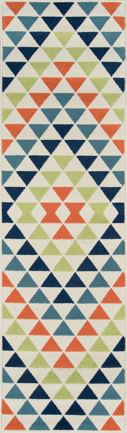 Long geometric triangle rug runner in orange, navy, teal and lime on a cream background.