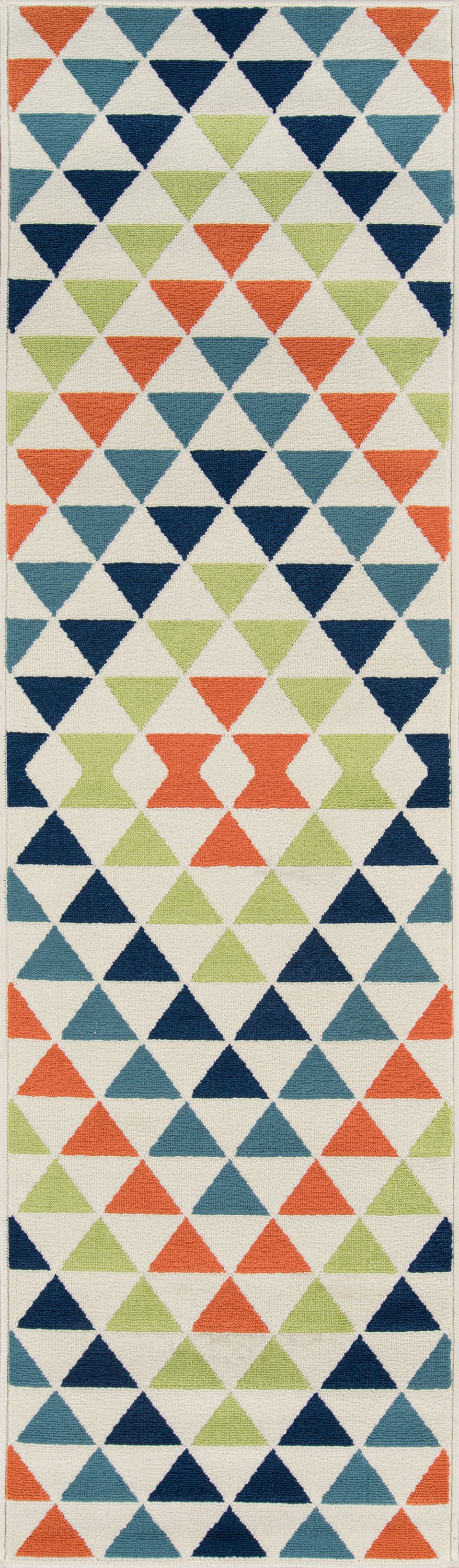 Rectangular area rug with a diamond grid of multicolored triangles in orange, lime, navy and teal on cream, 4' x 6'.
