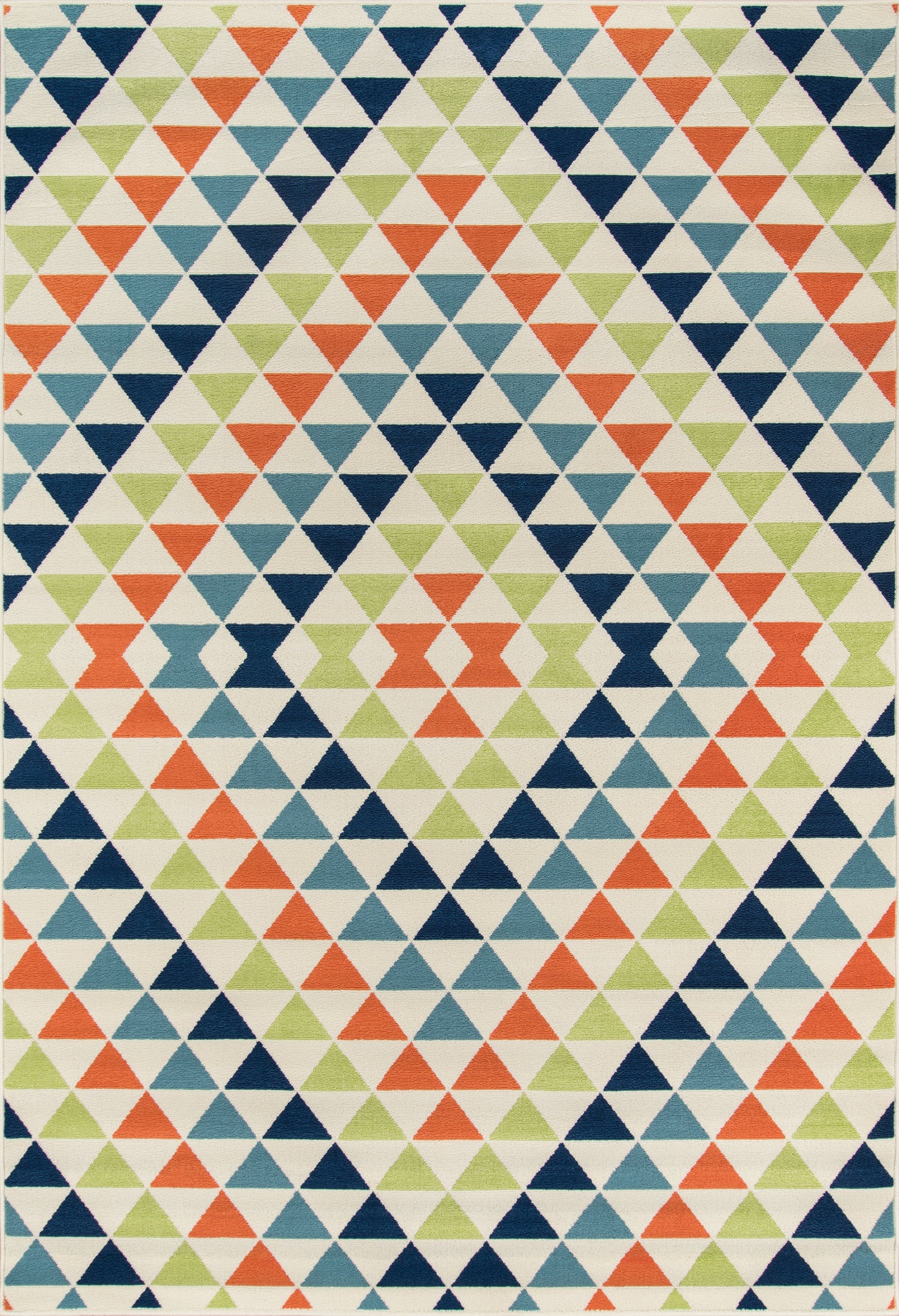 Geometric rug with rows of small navy, coral, light blue and lime green triangles on a cream background.
